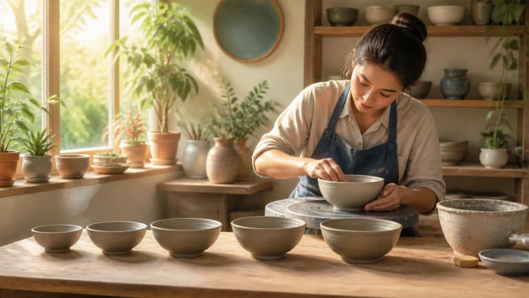 围裙女子在陶艺工作室的转盘上塑形陶碗，桌上摆着成排的碗