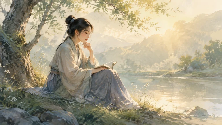 长裙女子坐在树下的湖畔阅读书本，阳光照亮远处群山
