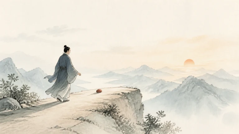 古装男子走到山崖边的红色圆石前，远处夕阳映照群山