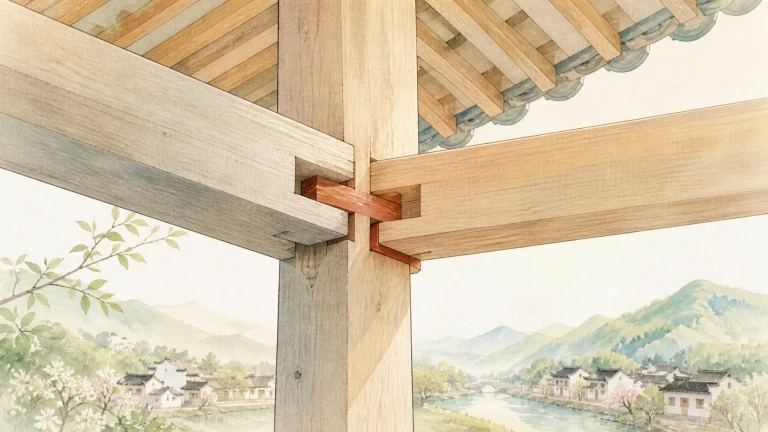 水彩画中的传统木构榫卯连接，远处是临水山村