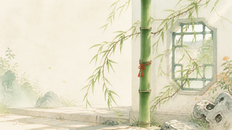 红绳系在庭院青竹上，柳枝从中式花窗前垂落