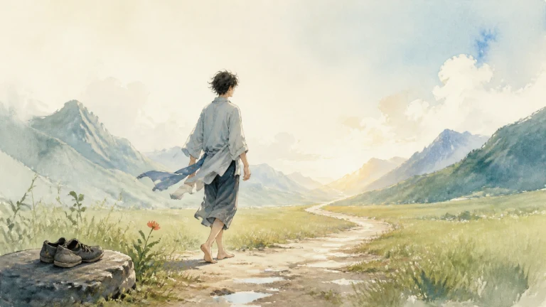 赤脚男子走向群山间的草地小路，鞋子留在路旁岩石上
