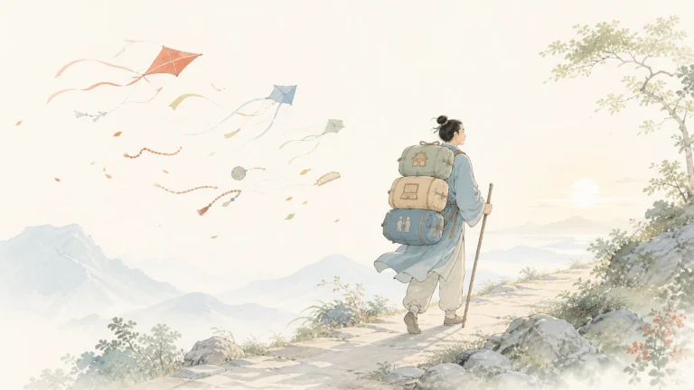 背着三卷行囊的旅人拄杖走在山路上，天空飘着多只风筝