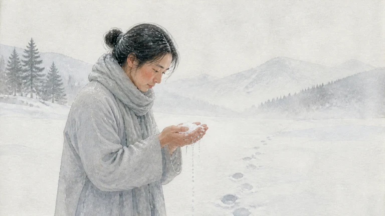 围巾女子在雪原中双手捧着融化的积雪，身后留下一串脚印