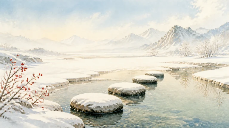 覆雪踏石横跨清澈溪流，红色果枝与远处雪山相映
