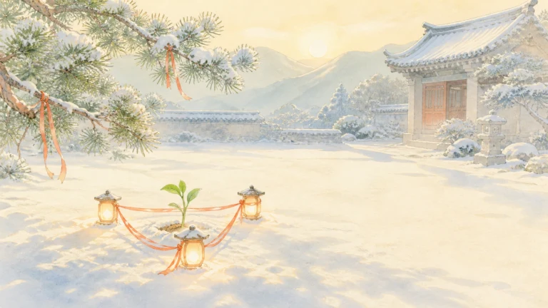 雪地幼苗被三盏灯笼与红色丝带围住，远处庭院覆雪