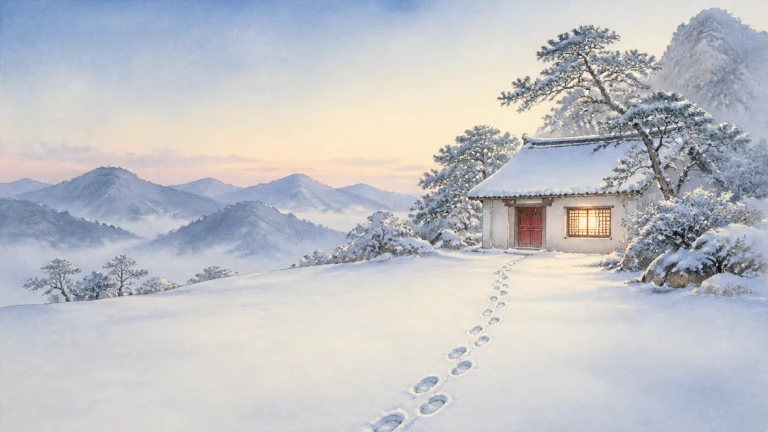 雪地脚印通向山顶亮着灯的白墙红门小屋
