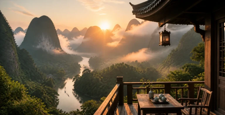 木楼露台摆着茶具，俯瞰夕阳云雾中的群峰与河流