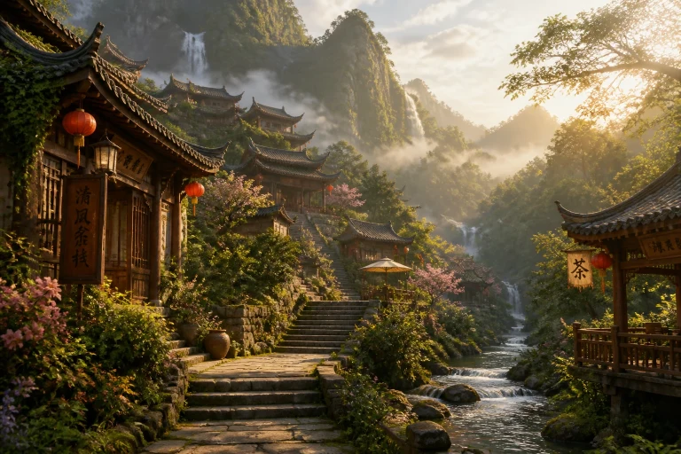 石阶沿山间溪流穿过木屋与茶亭，多道瀑布从峰间落下