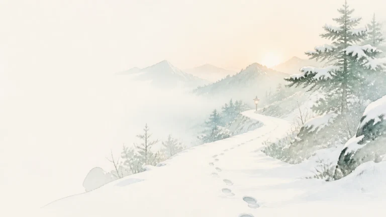 雪地脚印沿山脊小路通向一盏远处的灯笼