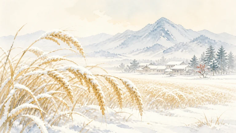 成熟稻穗覆着积雪，远处村庄坐落在雪山脚下