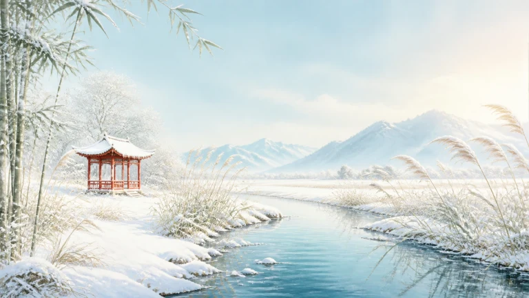 红色亭子立在覆雪竹林与溪流旁，远处群山笼罩晨光