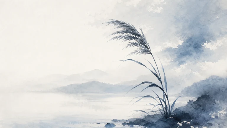 深色芦苇立在湖岸，远处群山笼罩薄雾