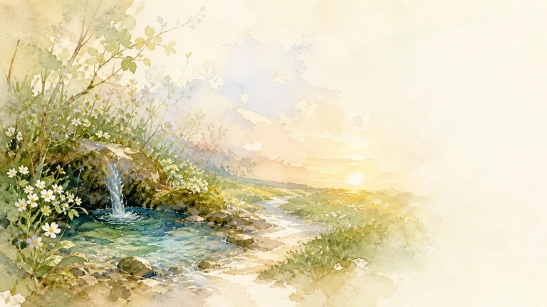 小瀑布汇入开满白花的清澈溪流，水道延伸向日出