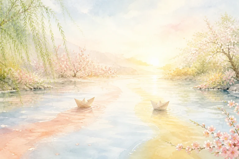 两只纸船漂在开满春花的河流中，水面映着粉色与金色光带