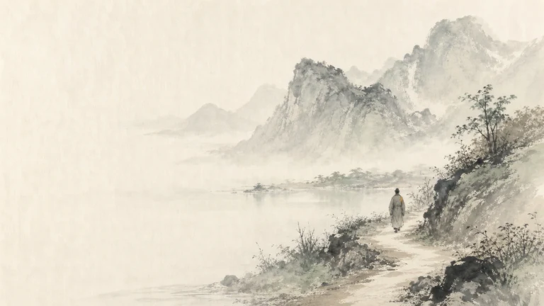 一名长袍行者沿湖岸山路走向层叠的水墨群山