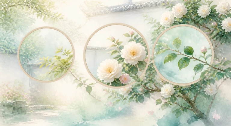 三扇圆形花窗框住庭院中的绿叶与白花