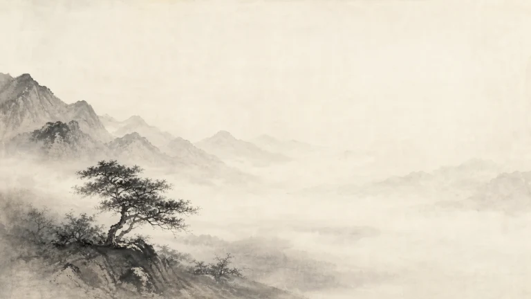 一棵松树生长在云雾缭绕的山崖上