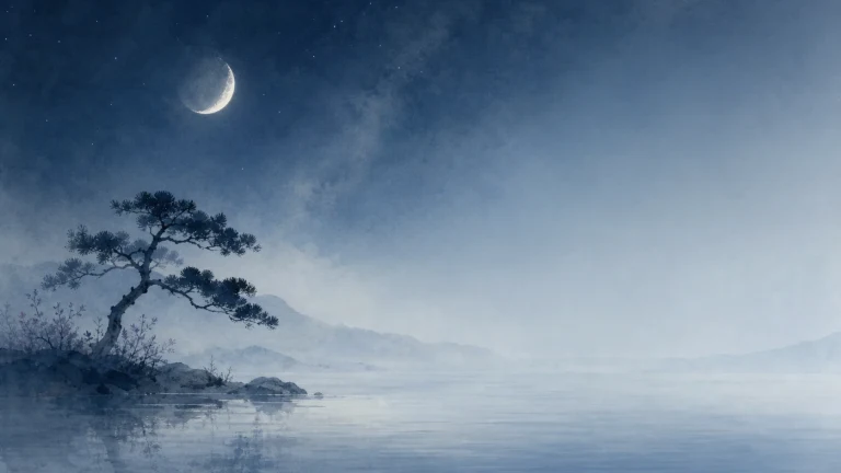 新月悬在平静湖面上方，湖岸松树映入夜色
