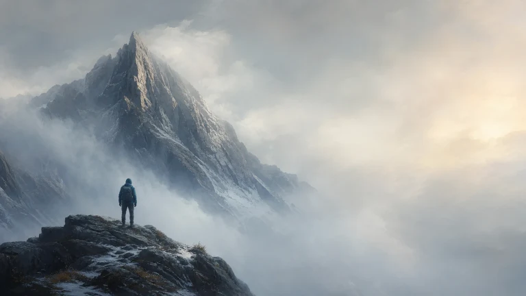 背包登山者站在积雪岩脊上，面对云雾中的陡峭山峰