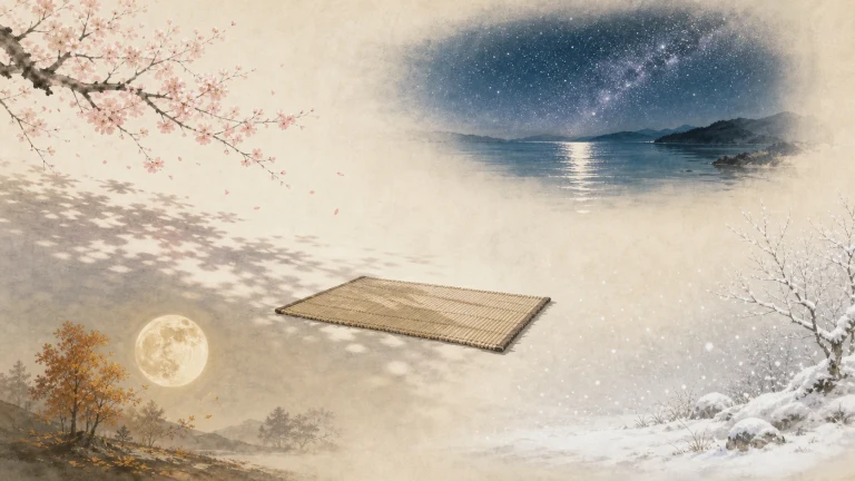 竹席四周交织樱花、星空湖面、秋月与雪景