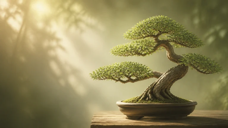 造型盆景放在木桌上，暖色阳光穿过树影照亮枝叶