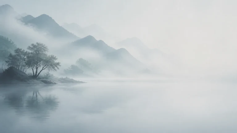 雾气笼罩层叠山峰与平静湖面，岸边树木映出倒影