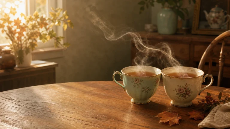 两只花纹茶杯在木桌上冒着热气，旁边散着秋叶与浆果枝