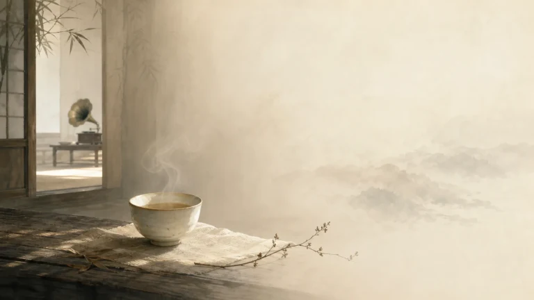 热茶放在窗边木桌上，细枝伸向雾中山景，隔壁房间摆着留声机