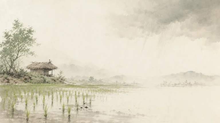 雨水落在新插秧的水田上，田边草棚与树木笼罩在远山薄雾中