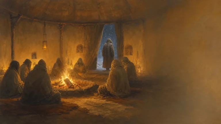 披斗篷的人们围坐在室内火堆旁，一人站在飘雪的门口
