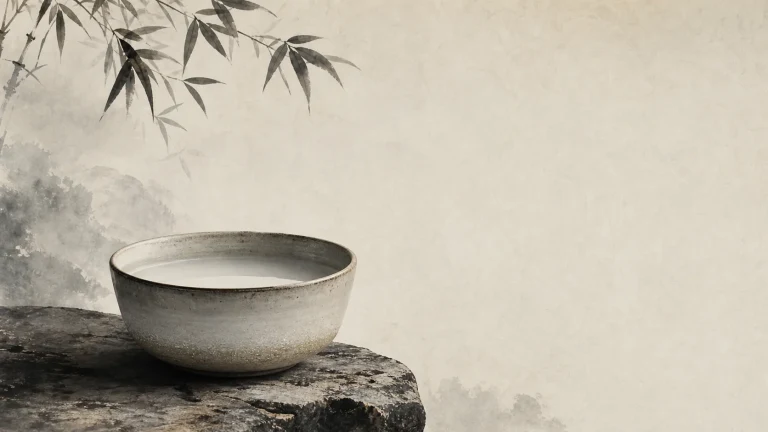 盛着乳白液体的陶碗放在石台上，竹叶垂在水墨山景前
