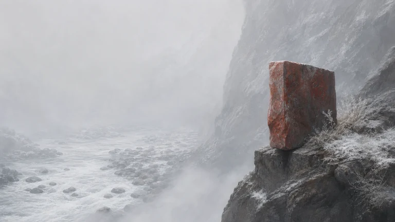 一块红色方形巨石竖立在覆雪峡谷的河岸岩台上