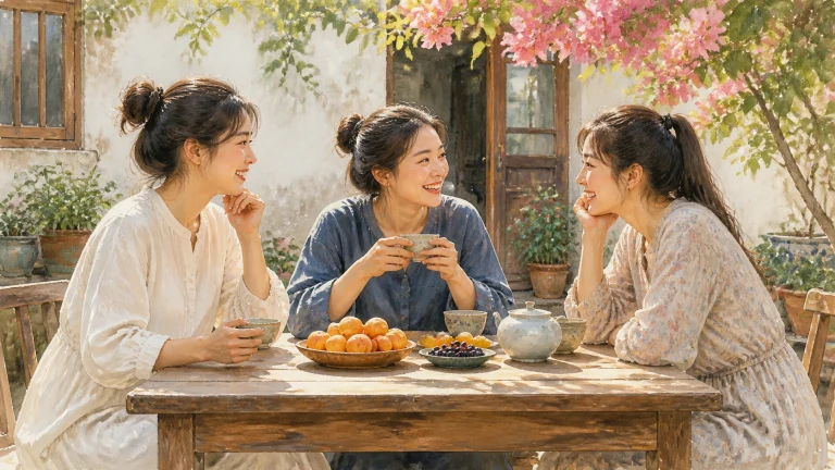 三名女子坐在花树下的庭院木桌旁喝茶交谈，桌上摆着水果