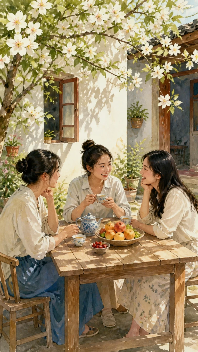三名女子坐在白花树下喝茶交谈，木桌上摆着茶壶与多盘水果