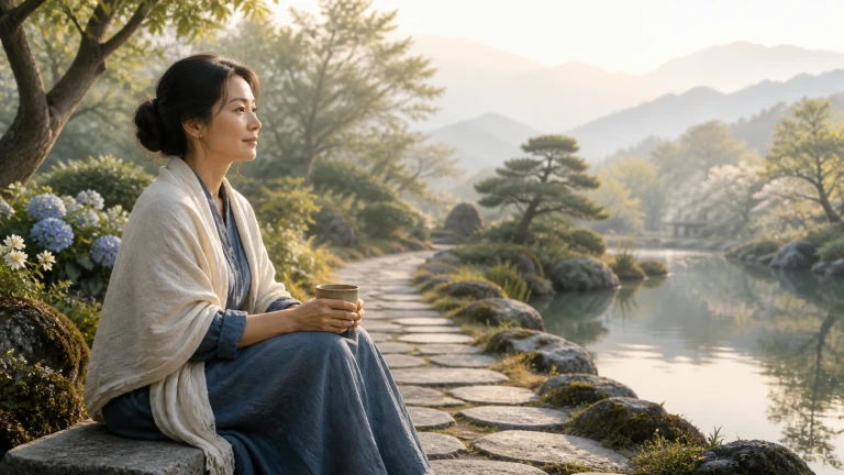 女子坐在湖畔石路边捧着杯子，远处群山与树木倒映水面