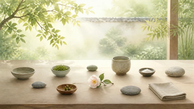 临窗木桌上摆着陶碗、圆石、粉色花枝和折叠布巾