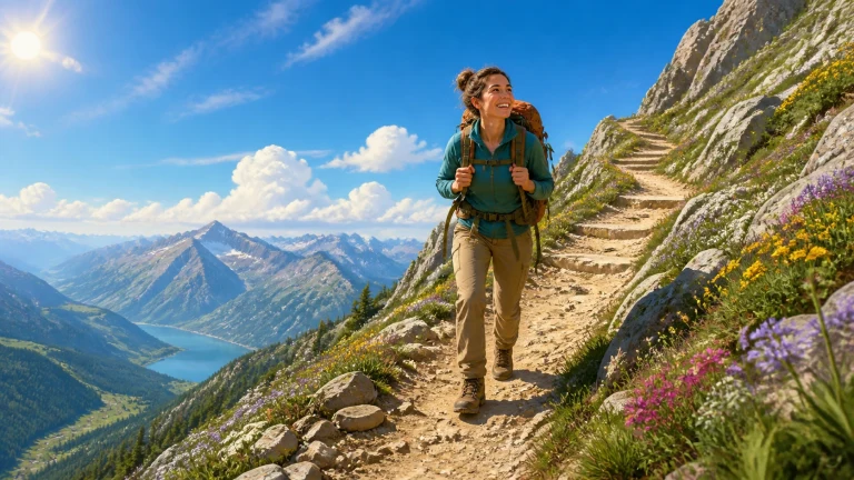 微笑女子背着登山包走在花草遍布的山路上，远处可见湖泊与群峰