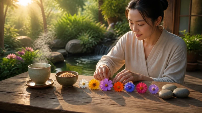 女子在庭院木桌上将多色花朵排成一列，旁边放着热饮、谷物和圆石