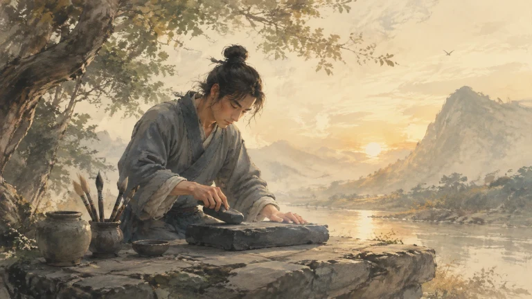 束发男子在夕阳山水旁俯身用墨条研磨砚台