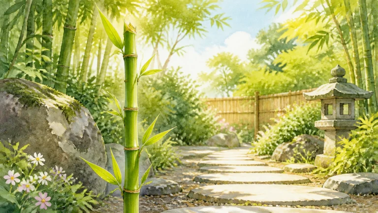 一株新生竹子长在花草环绕的庭院石路旁，附近立着石灯