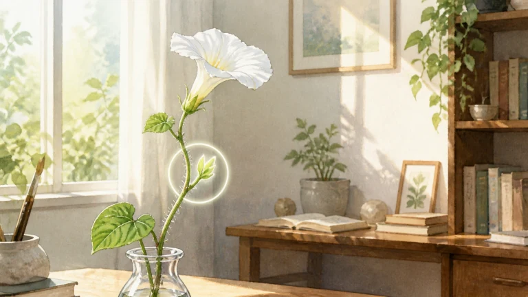 玻璃瓶中的白色牵牛花伸出新芽，新芽周围有一圈柔光