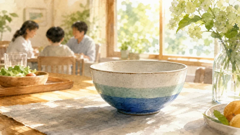 蓝绿色条纹陶碗放在餐桌中央，背景一家三口围桌而坐