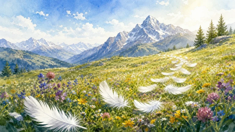 白色羽毛飘过开满野花的高山草甸与雪山