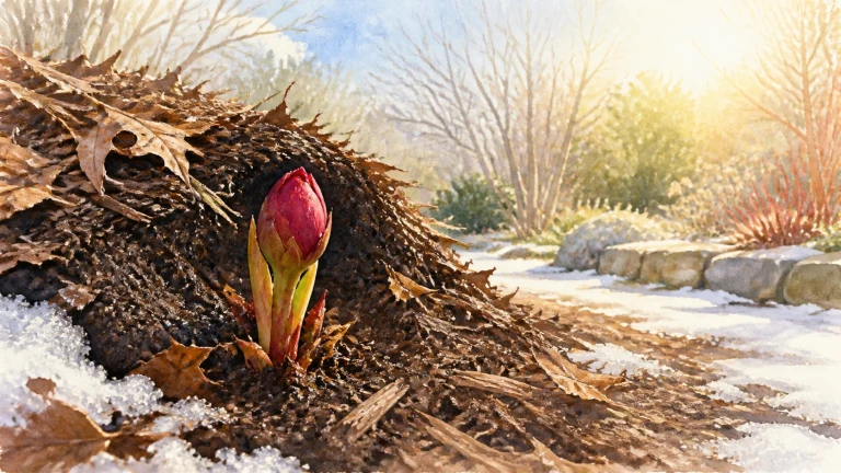 红色花苞从融雪旁的落叶与土壤中冒出