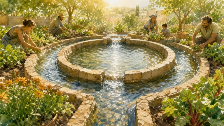 多人围着花园中央的环形石砌水池照料菜地