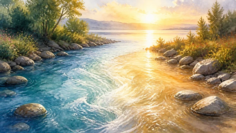 蓝色水流与落日染金的水流在岩石河道中央交汇