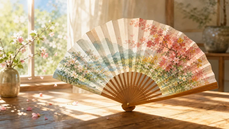 绘有山水与粉白花枝的折扇展开立在阳光木桌上