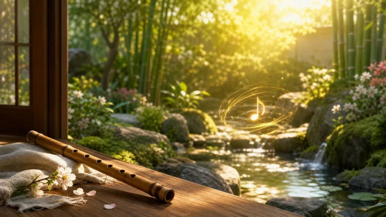竹笛放在窗边木桌上，花园溪流上方悬着被金色光线环绕的音符