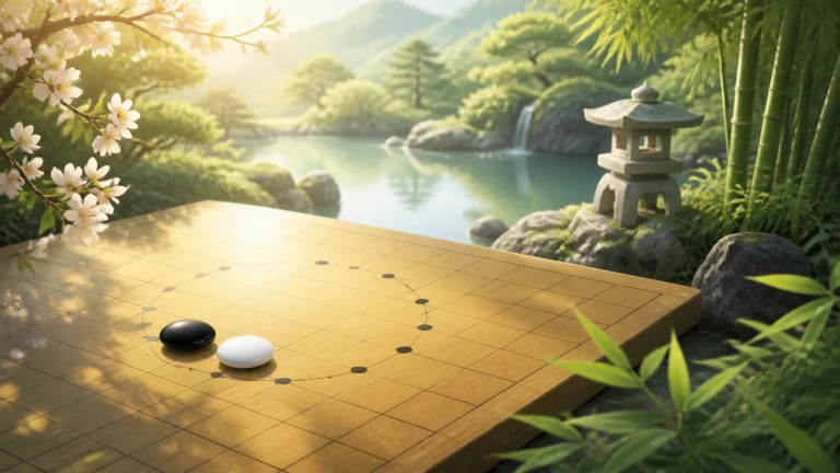 一黑一白两枚棋子放在阳光下的木棋盘上，后方是池塘、石灯与竹林。